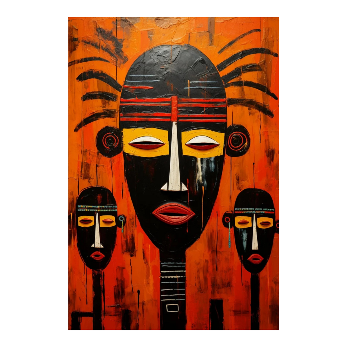 Artwork showing a tall black mask with yellow eye panels and red lips, flanked by smaller masks on orange.