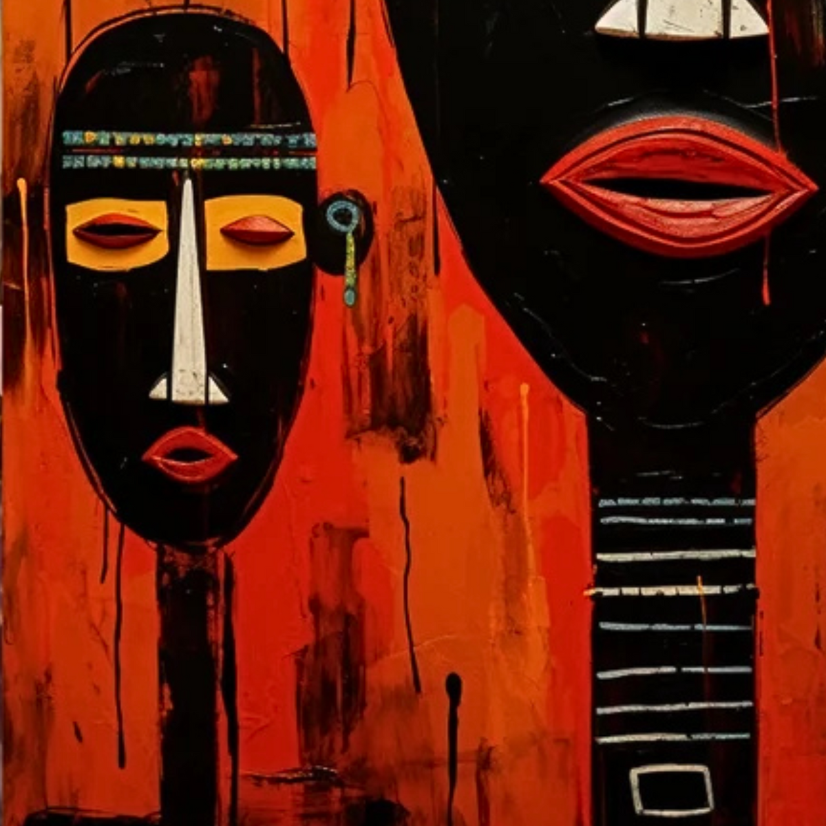 Close-up of a small black mask with yellow eyes and red lips against orange.