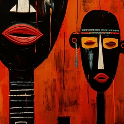 Detail of a small black mask beside the central figure on an orange ground.