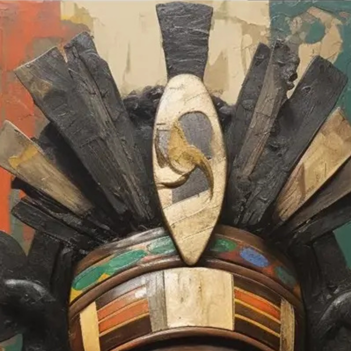 Detail of a sculptural headdress with a pale mask ornament and dark radiating elements.