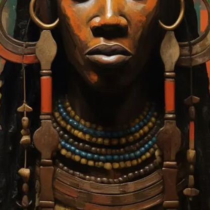 Detail of the queen's face, gold-coloured hoop earrings and layered beaded necklaces.