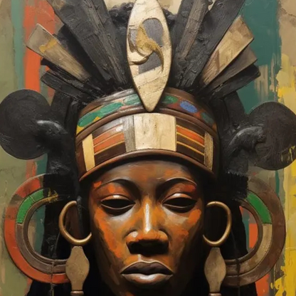 Close-up of the queen's headdress and face in earthy brown, beige and black tones.