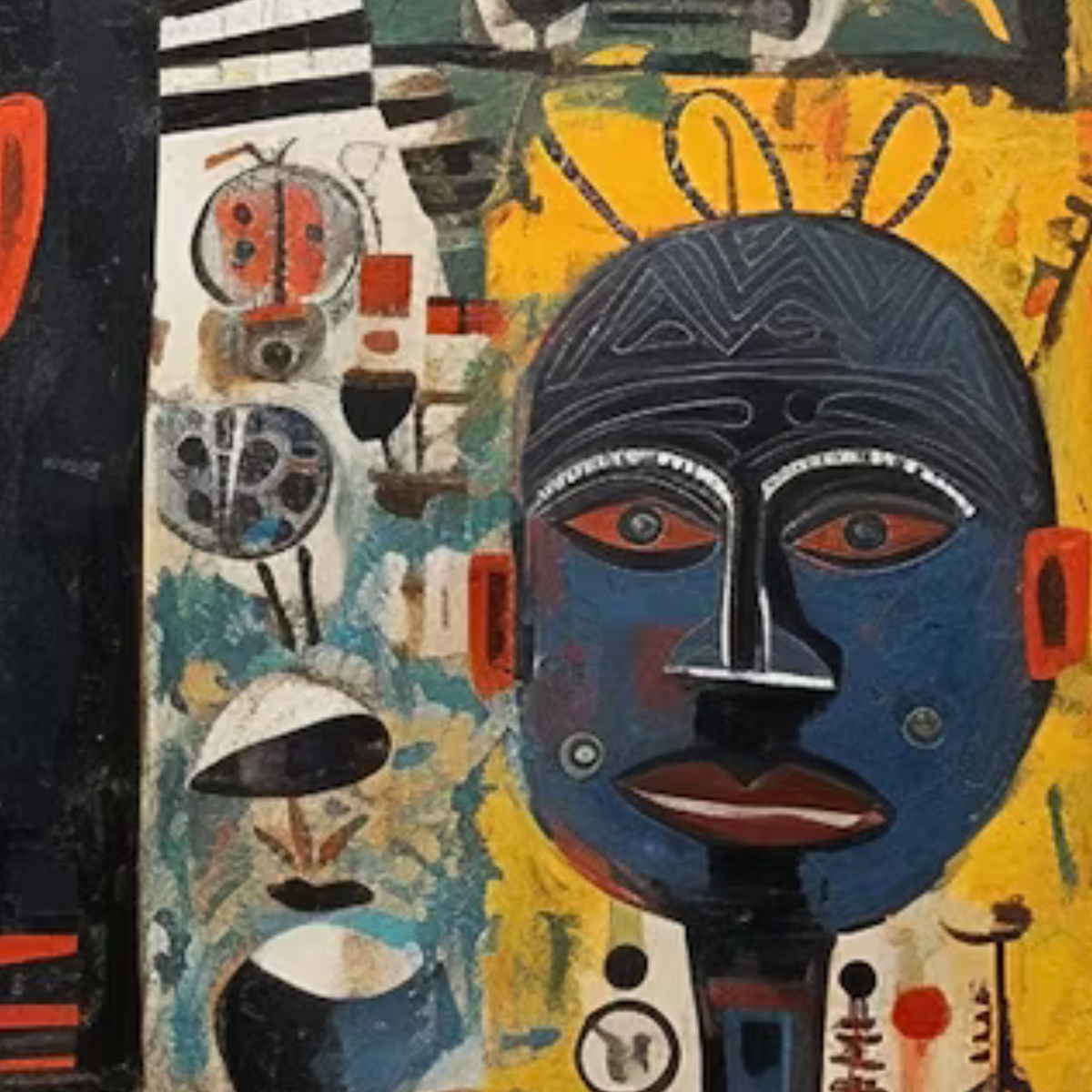 Detail of a blue mask-like face with dark eyes and reddish lips against yellow.