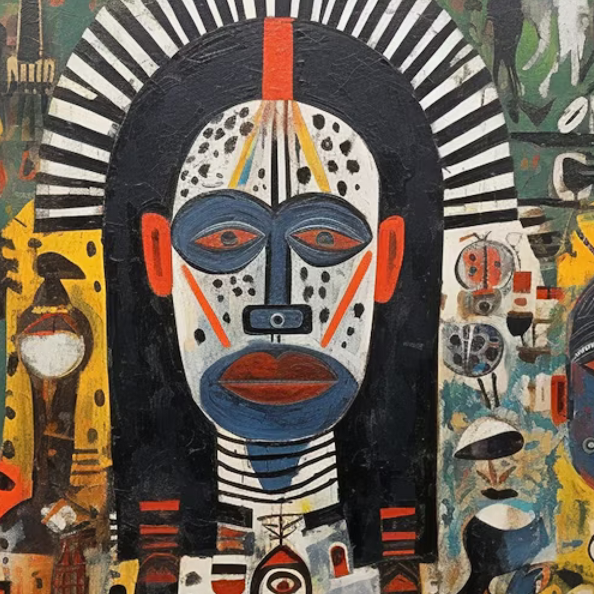 Close-up of a central mask-like face with white, black, blue and red geometric markings.