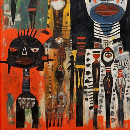 Close-up of small patterned figures and black-and-white forms over red and ochre.