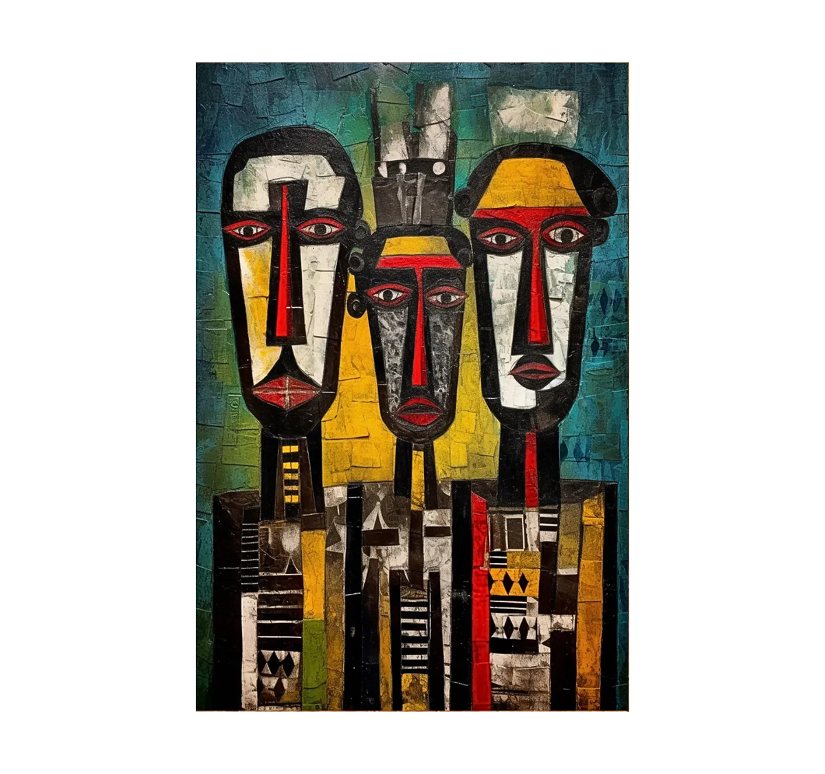 Artwork showing three elongated stylised faces in black, red and cream against yellow and turquoise-green blocks.