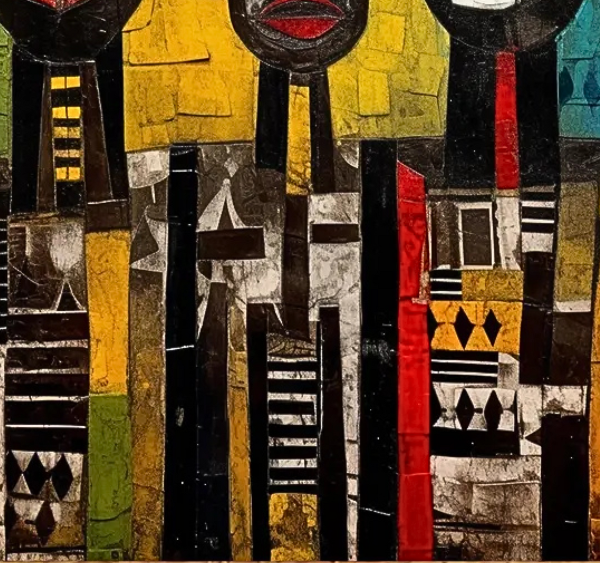 Detail of geometric body patterns in black, cream, yellow and red.