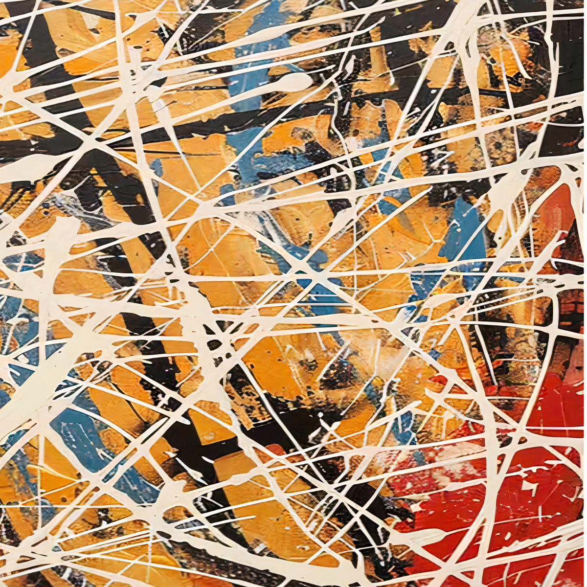 Close-up of intersecting cream and black drips over amber, teal and red areas.