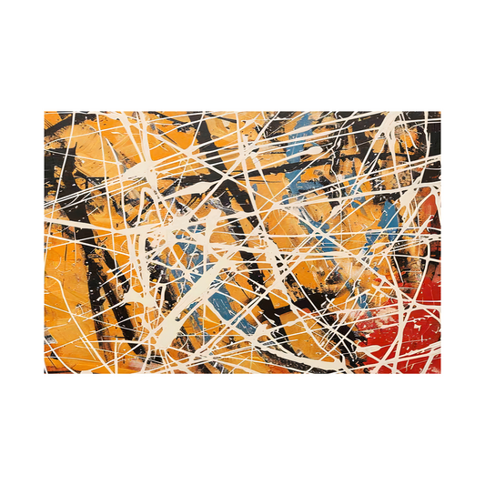 Artwork showing cream drips and black gestures across an amber ground with teal and red accents.