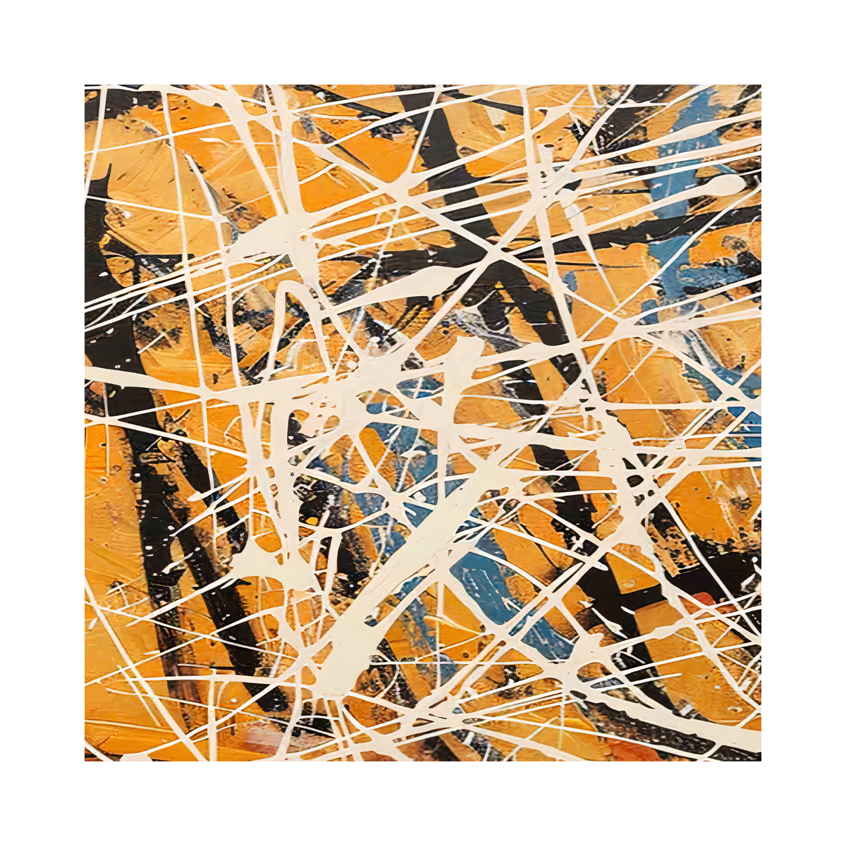 Square crop of cream and black paint trails over amber with teal and red accents.