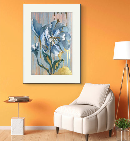 American-Style Gold Foil Blue Flower Oil Painting