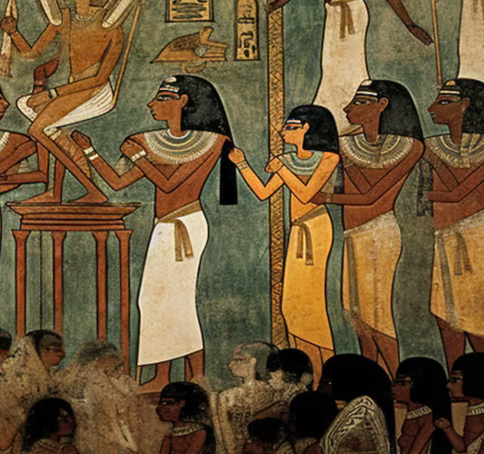 Detail of processional figures and hieroglyphic motifs in ochre, turquoise and earthy tones.