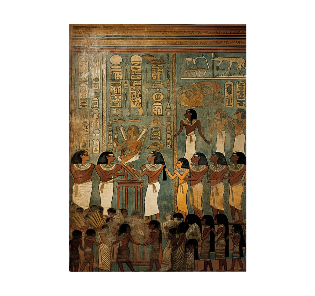 Hand-painted canvas showing processional figures and hieroglyphic motifs in ochre, turquoise and earthy tones.