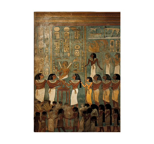 Hand-painted canvas showing processional figures and hieroglyphic motifs in ochre, turquoise and earthy tones.