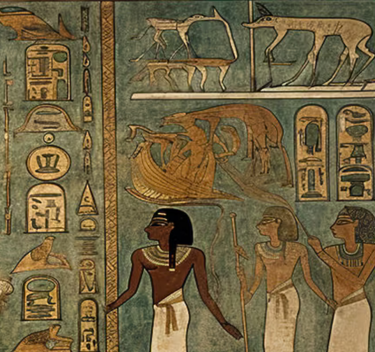 Detail of Egyptian-inspired figures, animal motifs and hieroglyphic panels in muted ochre and turquoise tones.