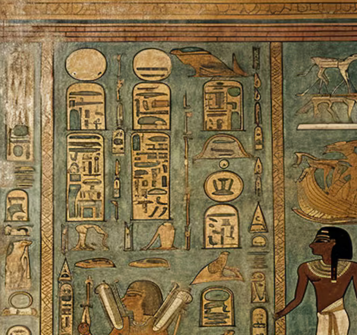 Detail of hieroglyphic panels and painted figures in an Egyptian-inspired mural composition.