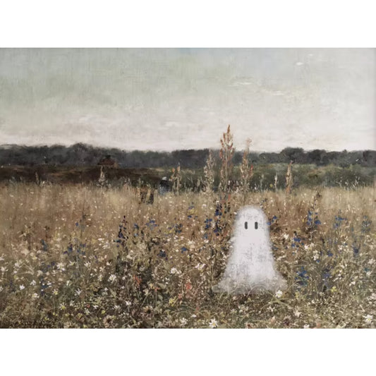 Antique Farmhouse Ghost in Field Vintage Fall Halloween Art