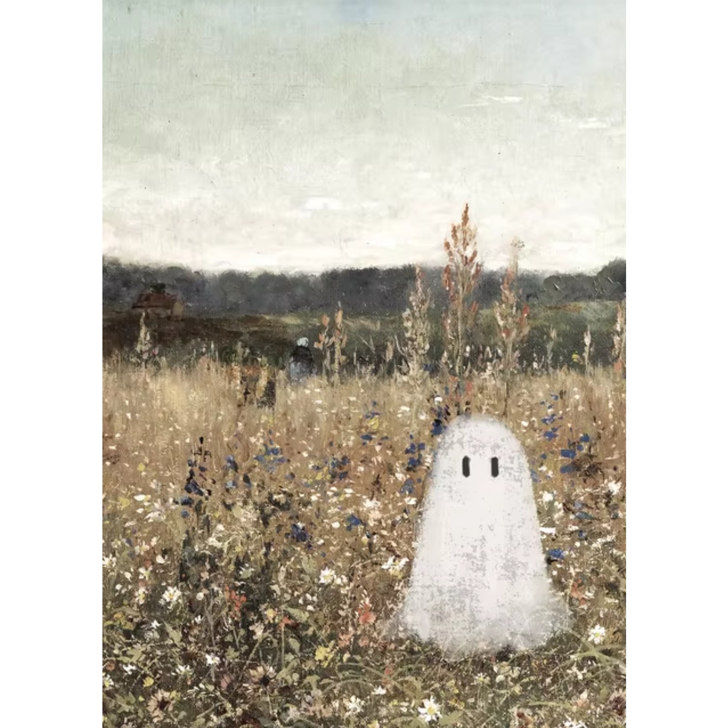 Antique Farmhouse Ghost in Field Vintage Fall Halloween Art