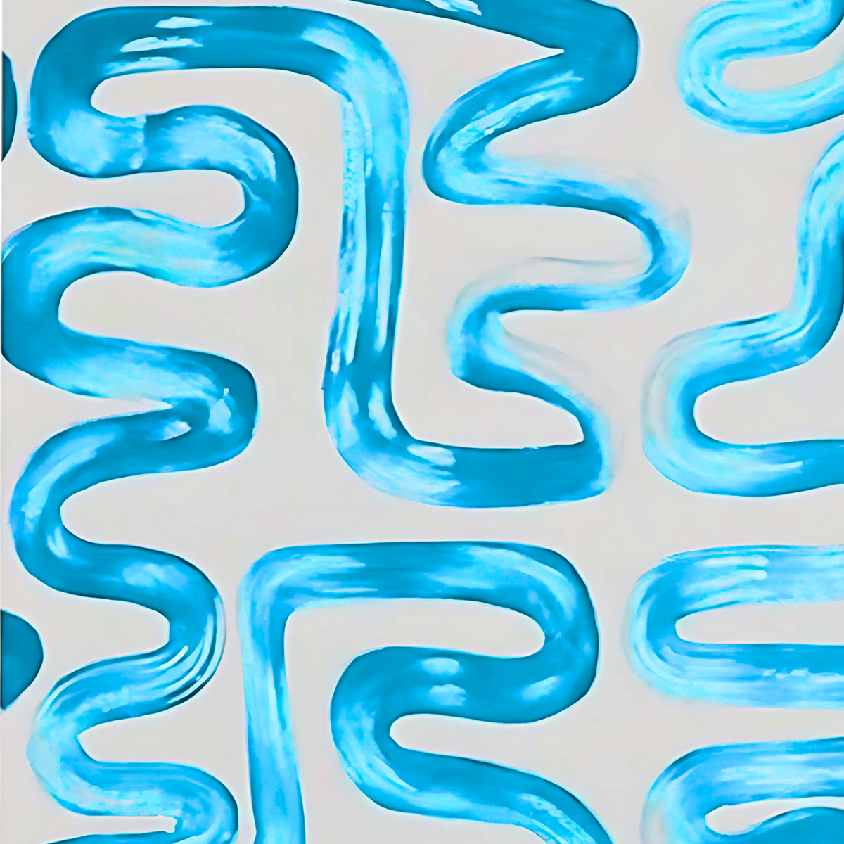 Detail of aqua-blue meandering brushstrokes creating a curved pattern on white.
