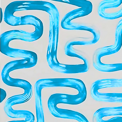 Detail of aqua-blue meandering brushstrokes creating a curved pattern on white.