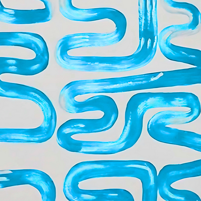 Detail of aqua-blue meandering brushstrokes creating a curved pattern on white.