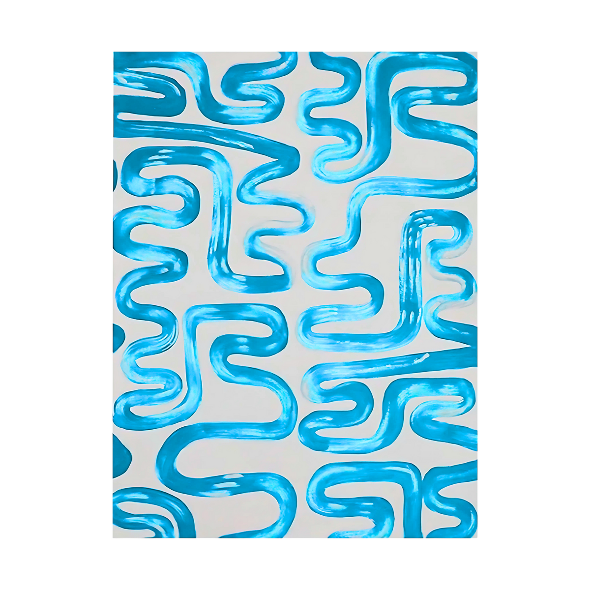 Hand-painted canvas showing aqua-blue meandering brushstrokes creating a curved pattern on white.