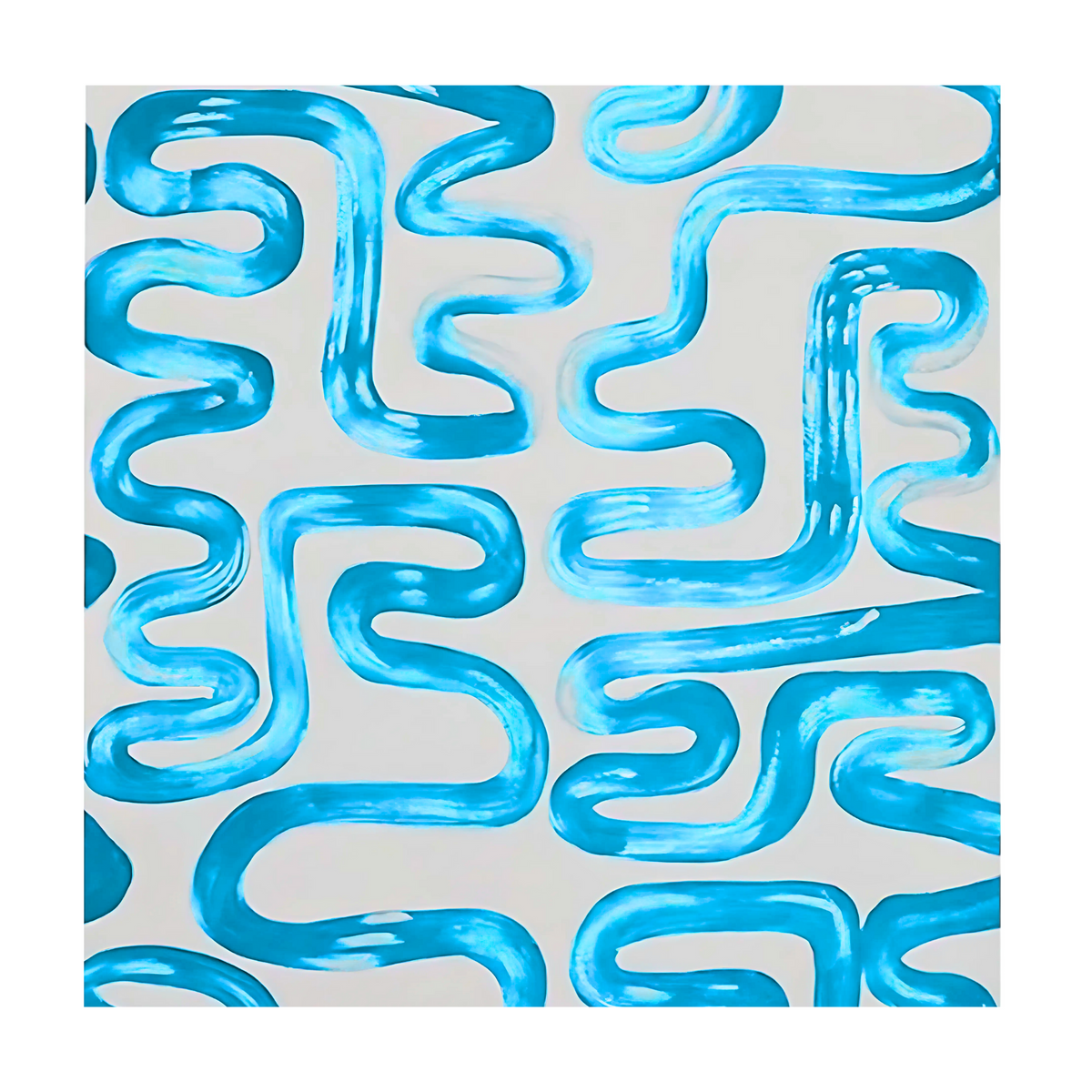 Square crop showing aqua-blue meandering brushstrokes creating a curved pattern on white.