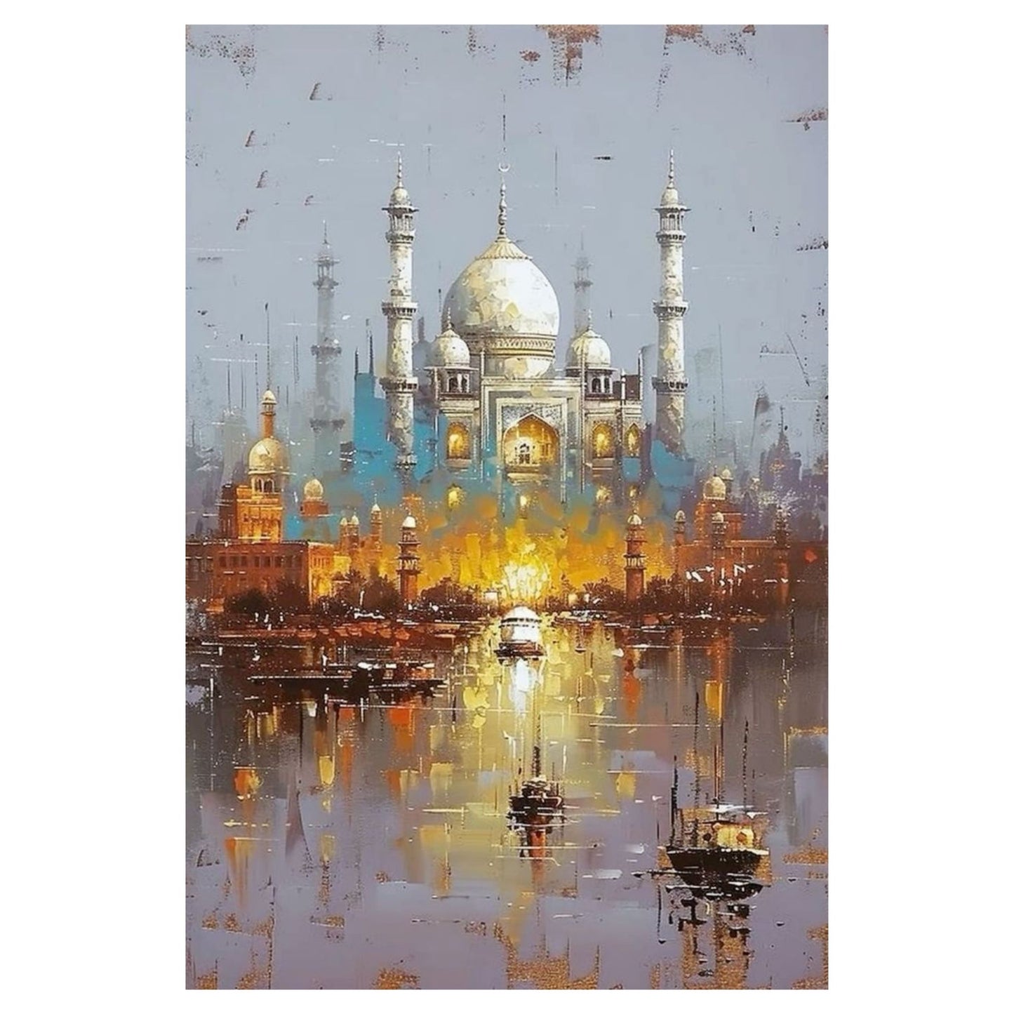Hand-painted Arabic mosque skyline oil painting with gold dome and water reflections on large canvas