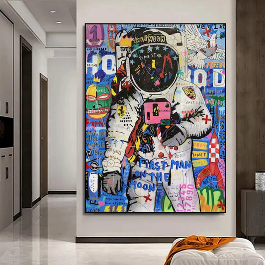 Room mockup showing astronaut in a white spacesuit with a black visor and pink chest panel against colourful graffiti.