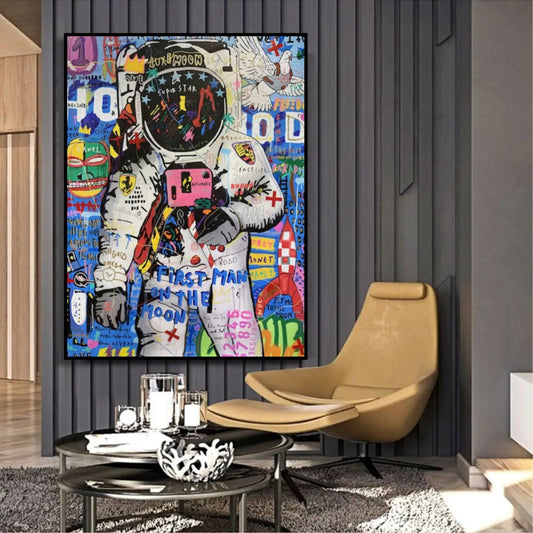Room mockup showing astronaut in a white spacesuit with a black visor and pink chest panel against colourful graffiti.