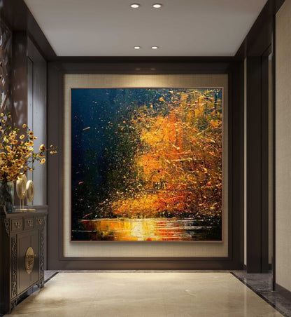 Autumn Forest Lake Abstract Gold Textured Painting
