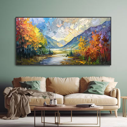 Golden Valley Autumn Mountain Landscape in Palette Knife Texture