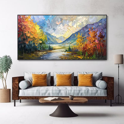 Golden Valley Autumn Mountain Landscape in Palette Knife Texture