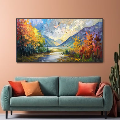 Golden Valley Autumn Mountain Landscape in Palette Knife Texture