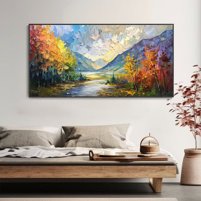 Golden Valley Autumn Mountain Landscape in Palette Knife Texture