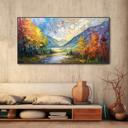Golden Valley Autumn Mountain Landscape in Palette Knife Texture