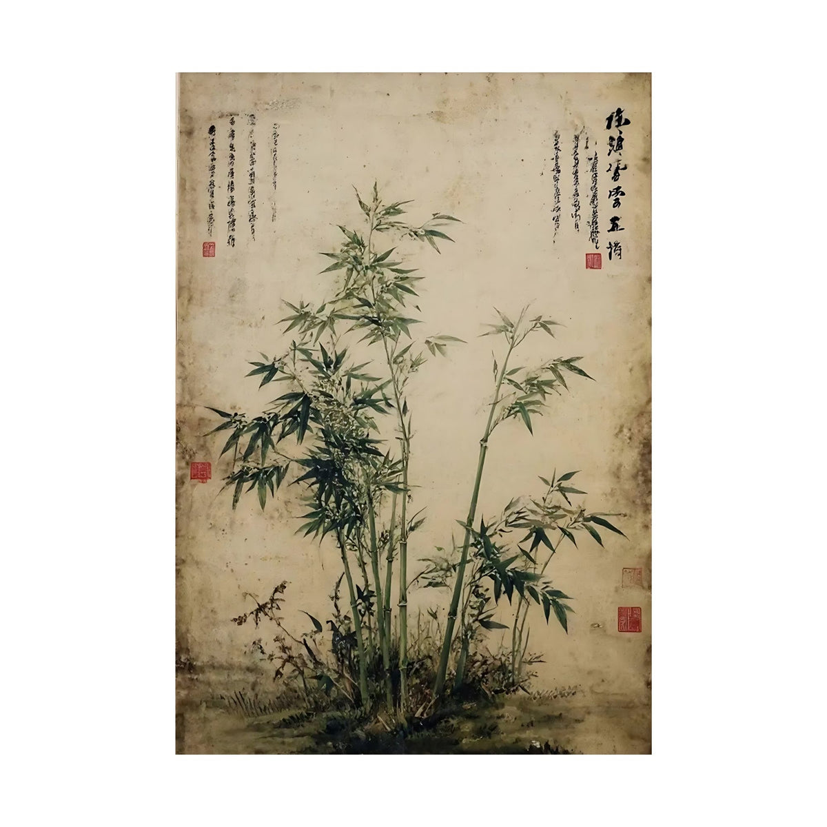 Hand-painted canvas featuring green bamboo stalks and leaves with calligraphic marks on a warm neutral background.