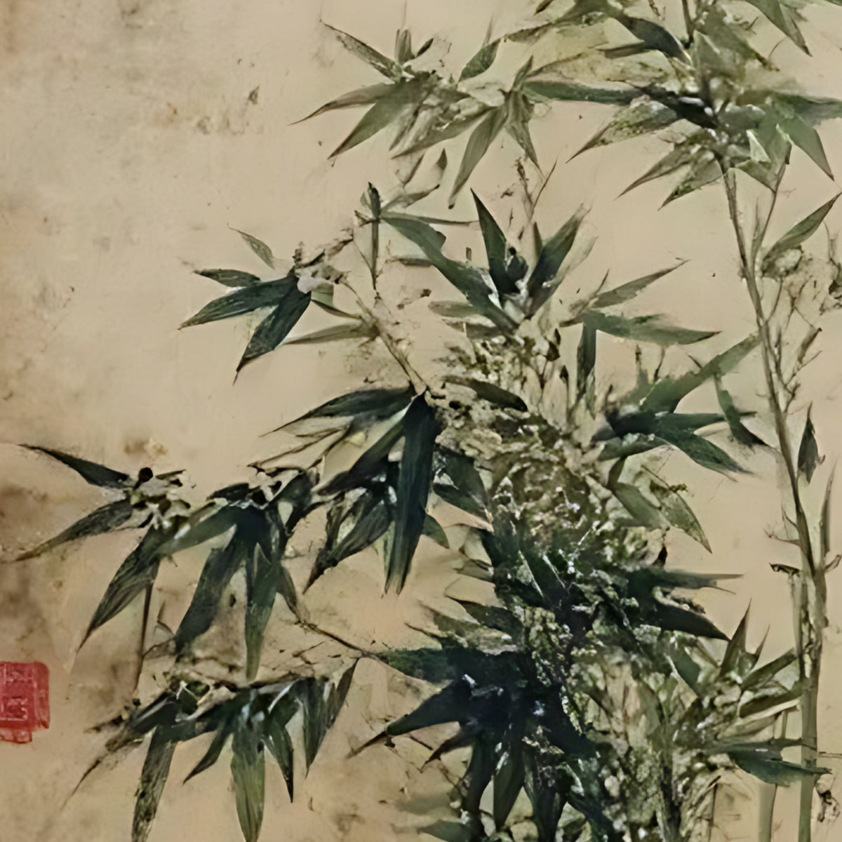 Hand-painted canvas featuring green bamboo stalks and leaves with calligraphic marks on a warm neutral background.