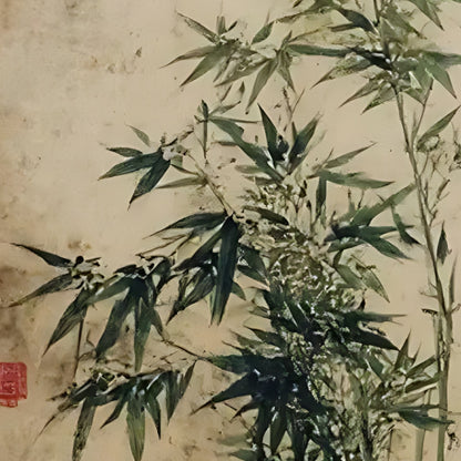Hand-painted canvas featuring green bamboo stalks and leaves with calligraphic marks on a warm neutral background.