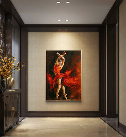 Bellissimo vestito rosso che balla la pittura nordica della ballerina 