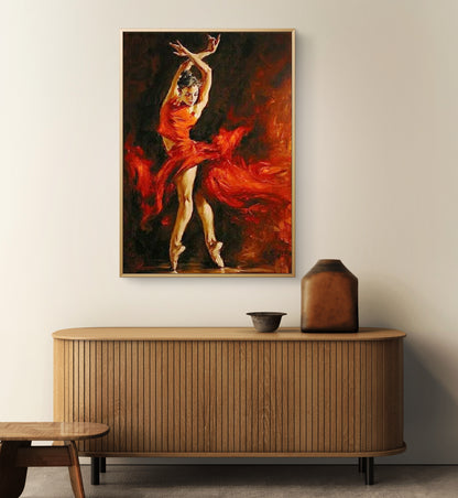 Bellissimo vestito rosso che balla la pittura nordica della ballerina 