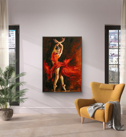 Bellissimo vestito rosso che balla la pittura nordica della ballerina 