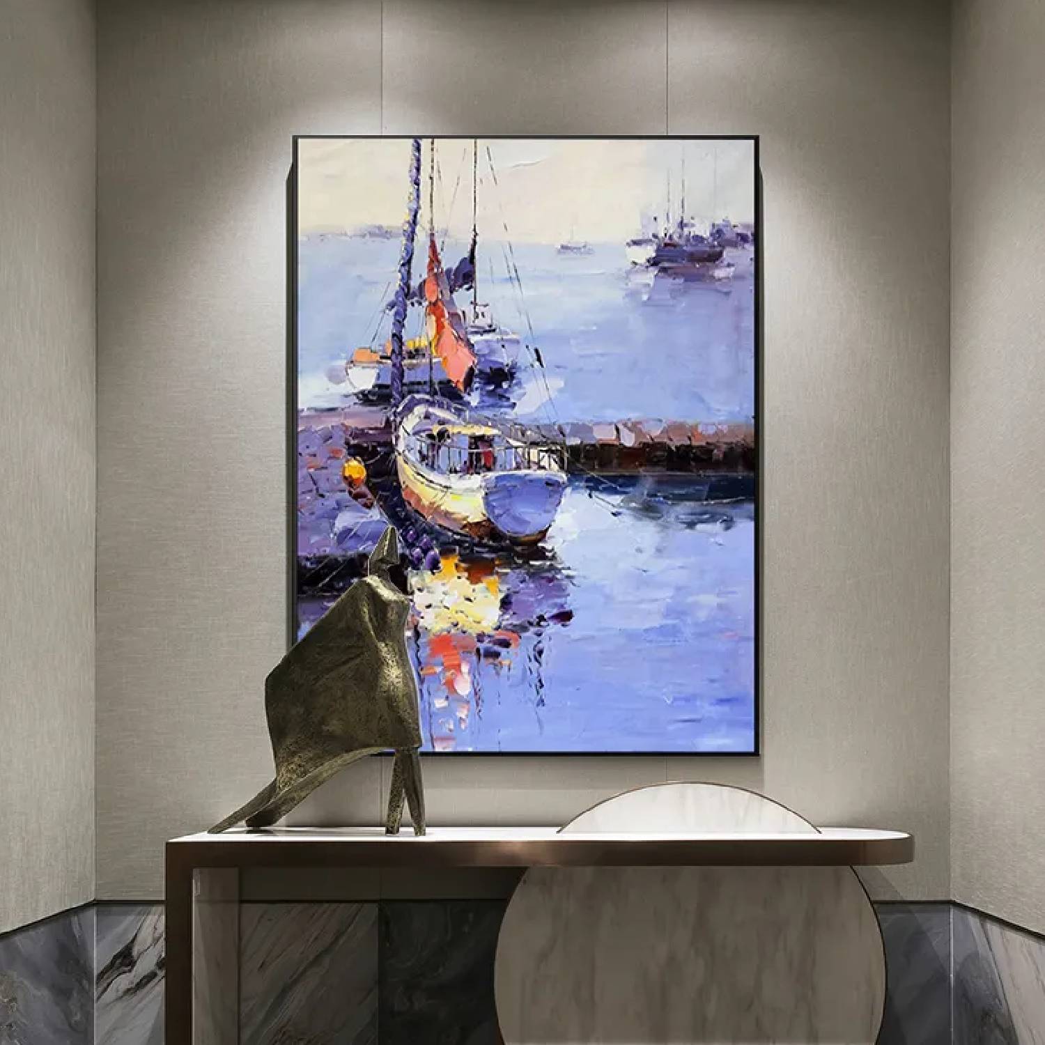 Beautiful Seashore Sailboat Textured Wall Painting