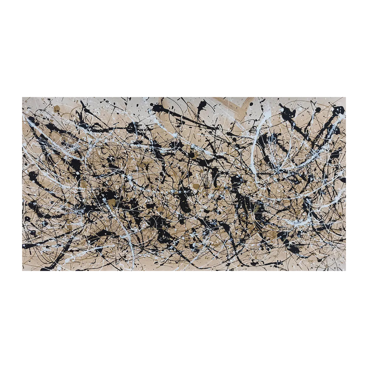 Hand-painted canvas showing black and white splatters with fine gold accents over a warm beige ground.
