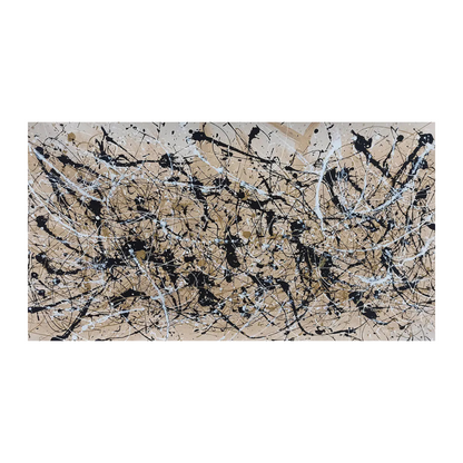 Hand-painted canvas showing black and white splatters with fine gold accents over a warm beige ground.