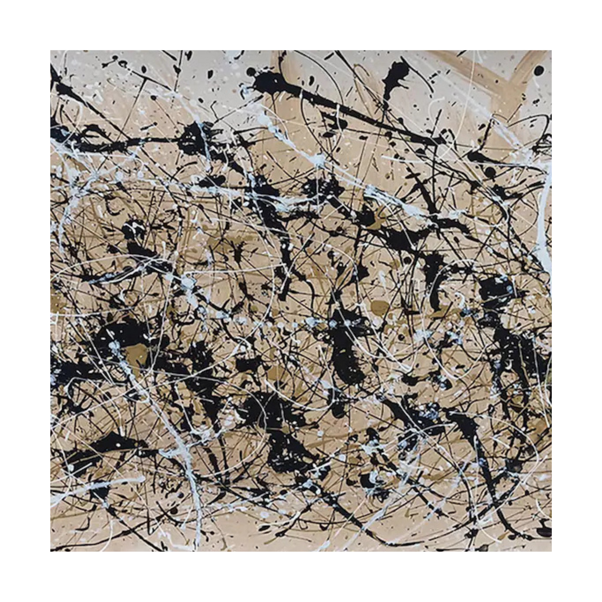 Square crop showing black and white splatters with fine gold accents over a warm beige ground.