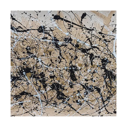 Square crop showing black and white splatters with fine gold accents over a warm beige ground.