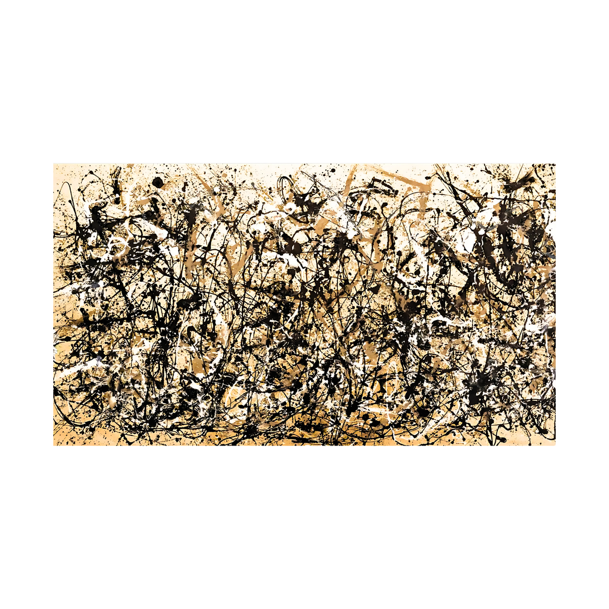 Hand-painted canvas showing dense black loops and splashes against a light beige ground.