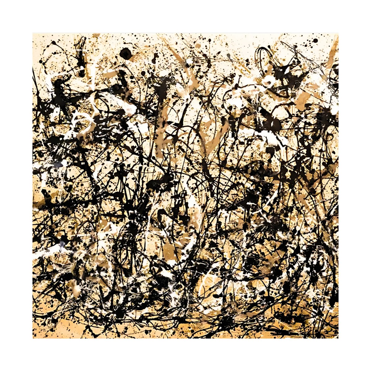 Square crop showing dense black loops and splashes against a light beige ground.