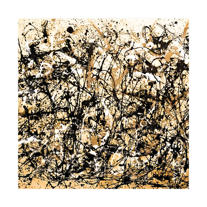 Square crop showing dense black loops and splashes against a light beige ground.